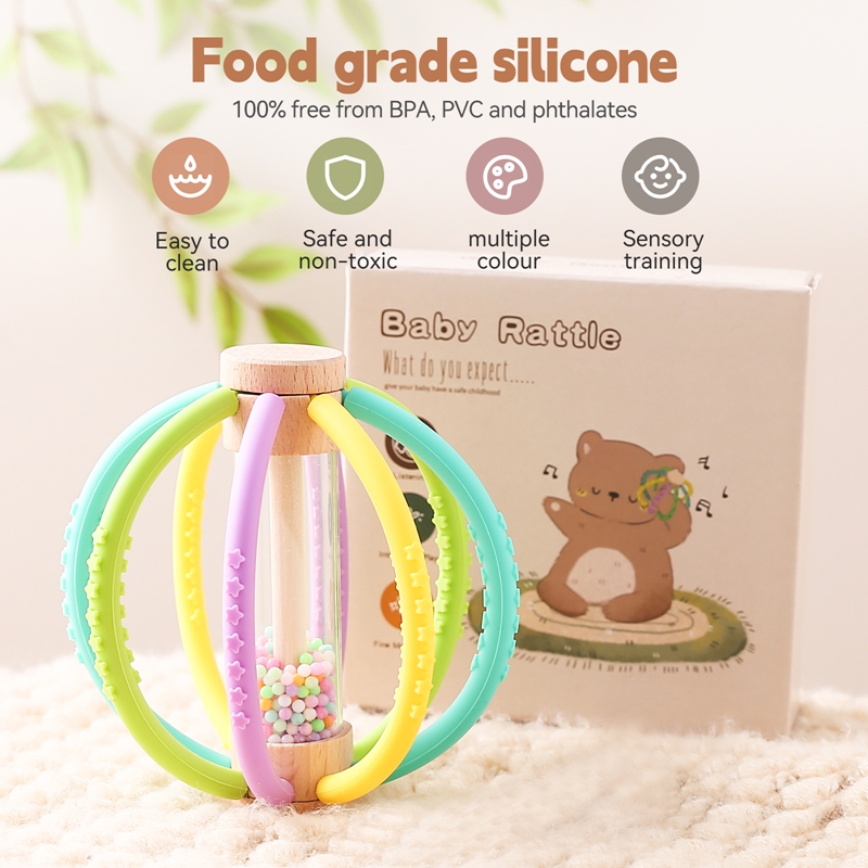 Wooden Rain Drum Baby Rattle With Silicone Teether Montessori Sensory Toy For Newborn Teething 2