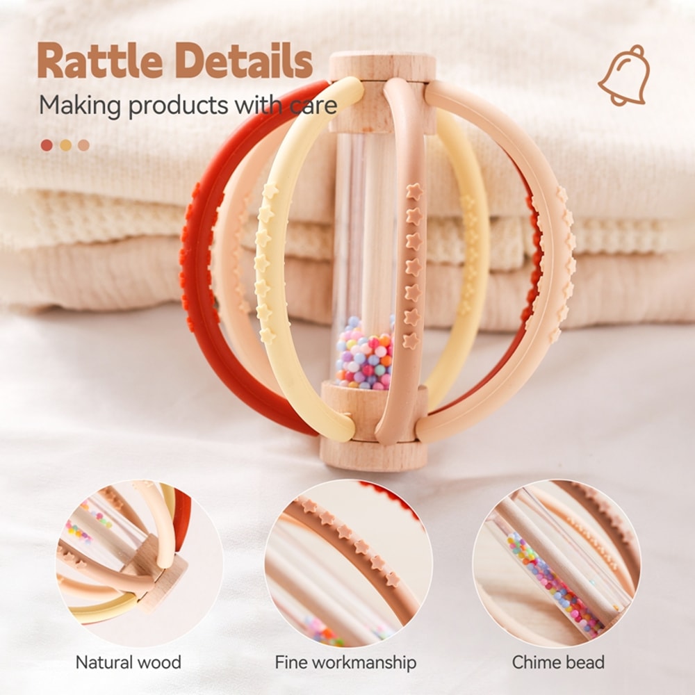 Wooden Rain Drum Baby Rattle With Silicone Teether Montessori Sensory Toy For Newborn Teething 4