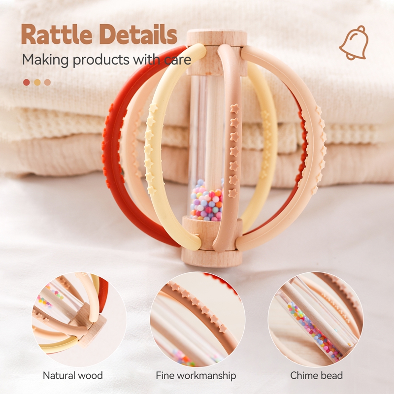 Wooden Rain Drum Baby Rattle With Silicone Teether Montessori Sensory Toy For Newborn Teething 4