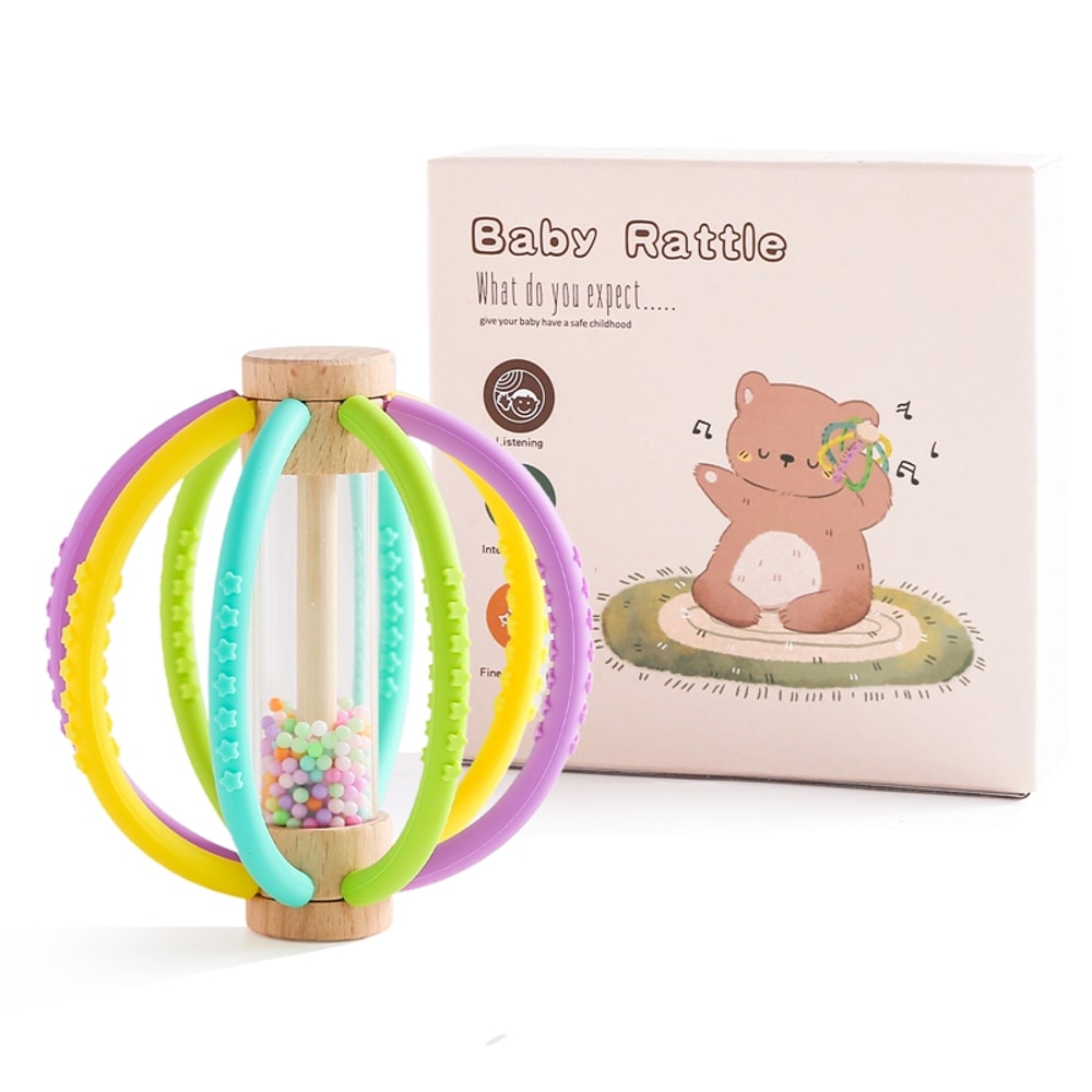 Wooden Rain Drum Baby Rattle With Silicone Teether Montessori Sensory Toy For Newborn Teething 6