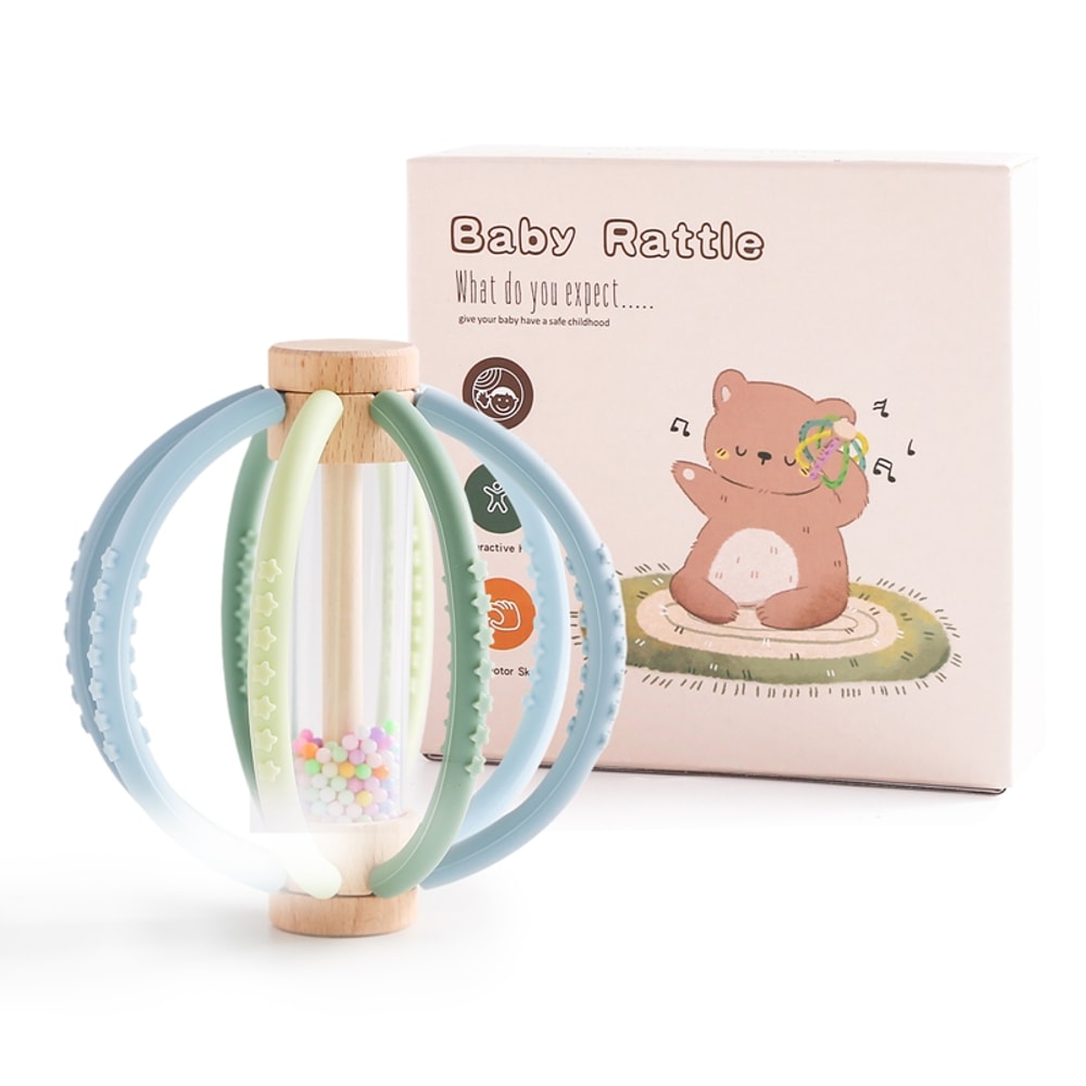 Wooden Rain Drum Baby Rattle With Silicone Teether Montessori Sensory Toy For Newborn Teething 7