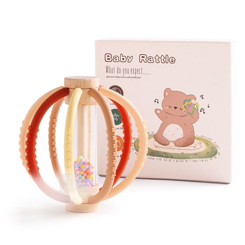 Wooden Rain Drum Baby Rattle With Silicone Teether Montessori Sensory Toy For Newborn Teething 8