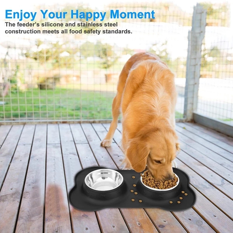 Double Dog Bowl Stainless Steel Pet Feeding Station With Non Slip Silicone Mat 1