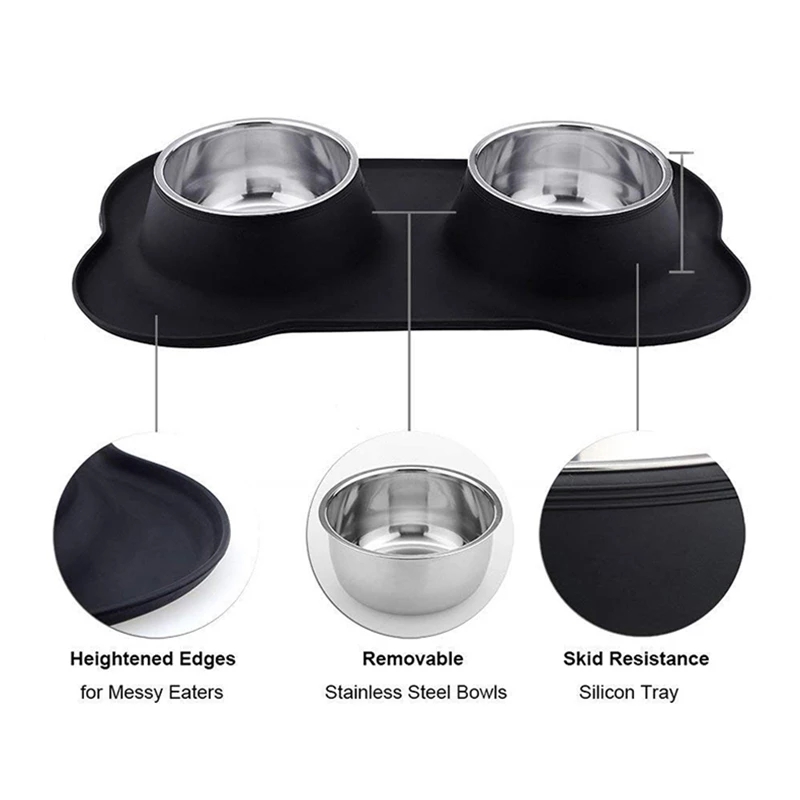 Double Dog Bowl Stainless Steel Pet Feeding Station With Non Slip Silicone Mat 3