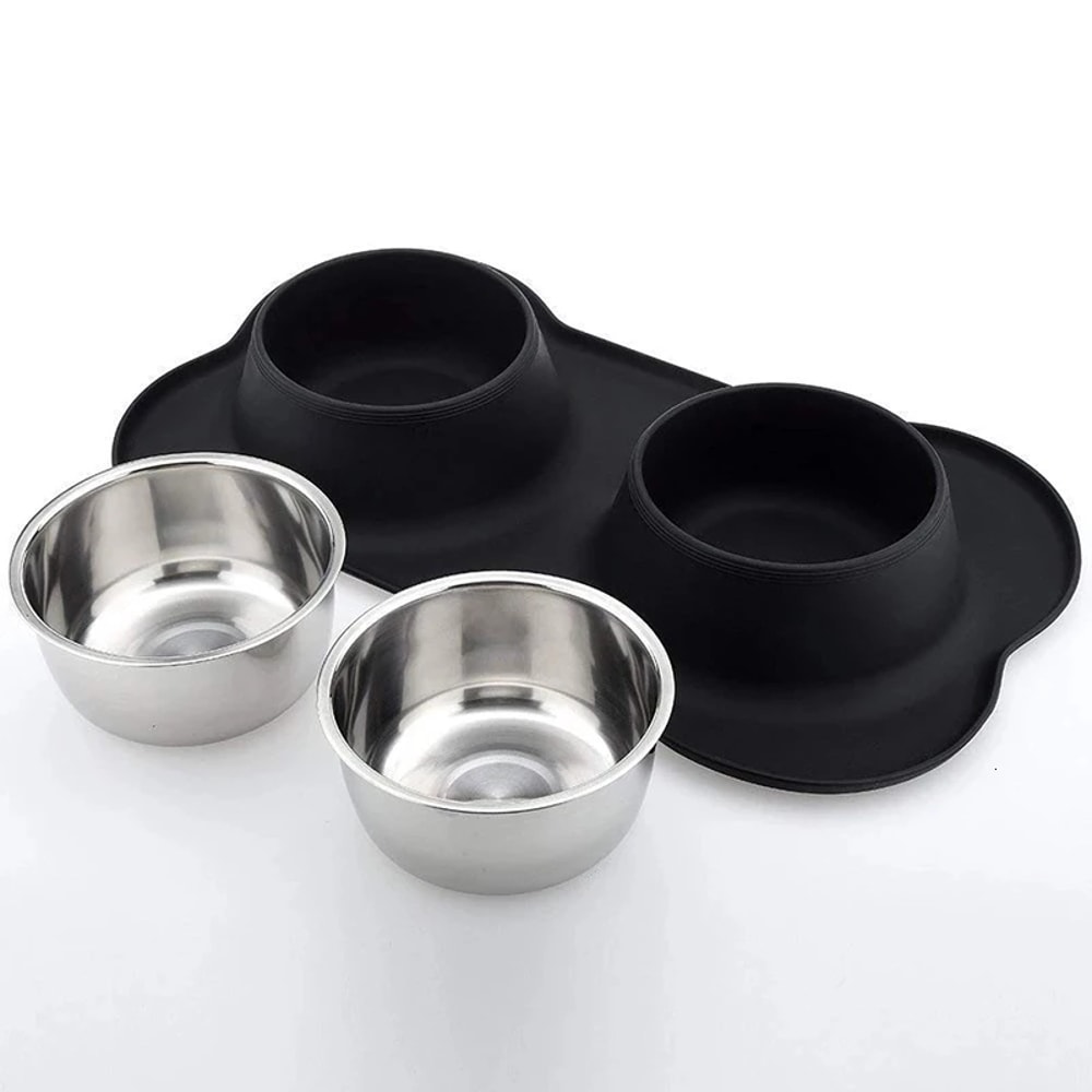 Double Dog Bowl Stainless Steel Pet Feeding Station With Non Slip Silicone Mat 5
