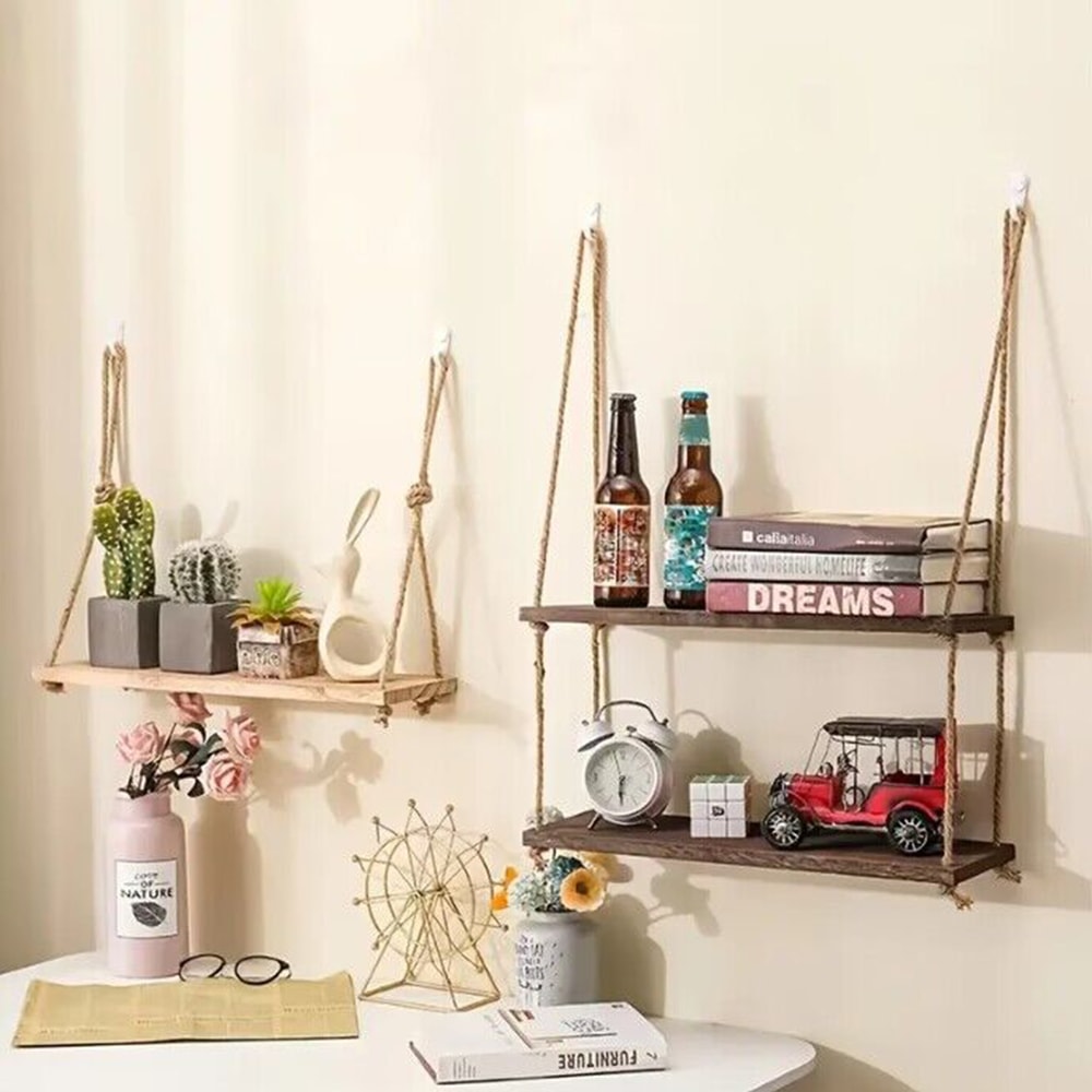 Rustic Wooden Floating Shelves With Hanging Rope For Plants Home Decor 2