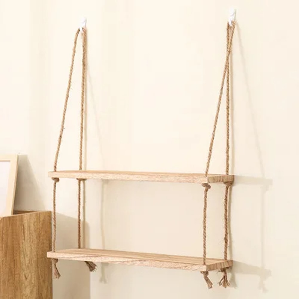 Rustic Wooden Floating Shelves With Hanging Rope For Plants Home Decor 7