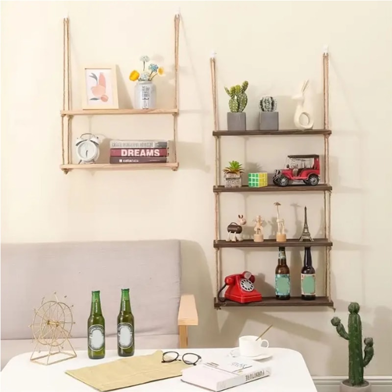 Rustic Wooden Floating Shelves With Hanging Rope For Plants Home Decor 3