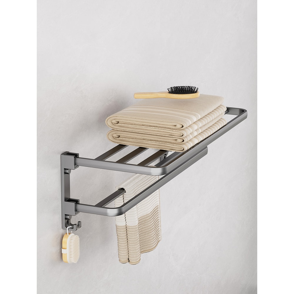 Matte Black Folding Towel Holder With Hook WallMounted Aluminum Towel Rack For Home 7