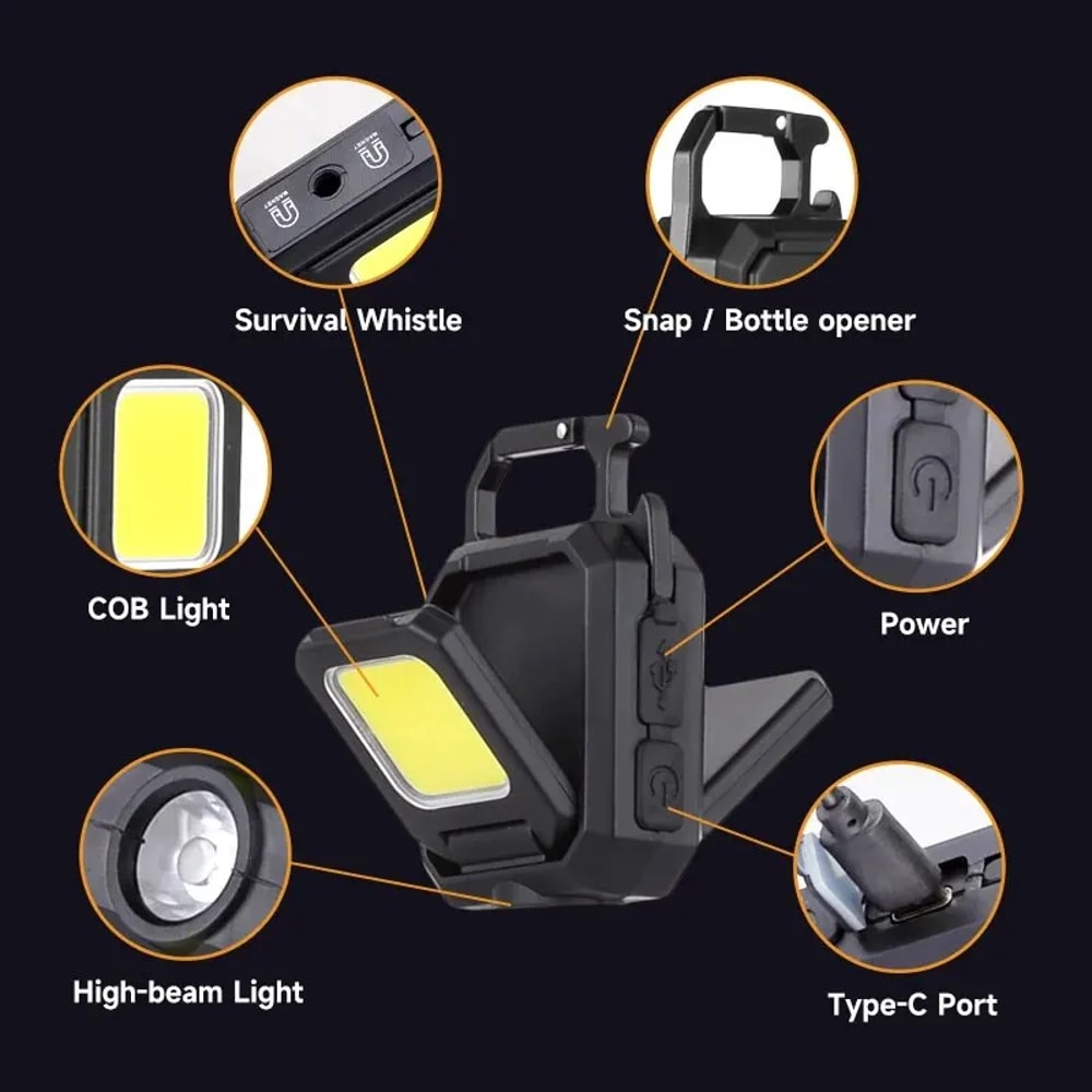 Portable LED Keychain Work Light, Rechargeable, Dual Light Source, High Lumens for Camping, Hiking, Running