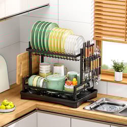 double-layer kitchen tableware drying rack with drain, durable and efficient tableware storage rack