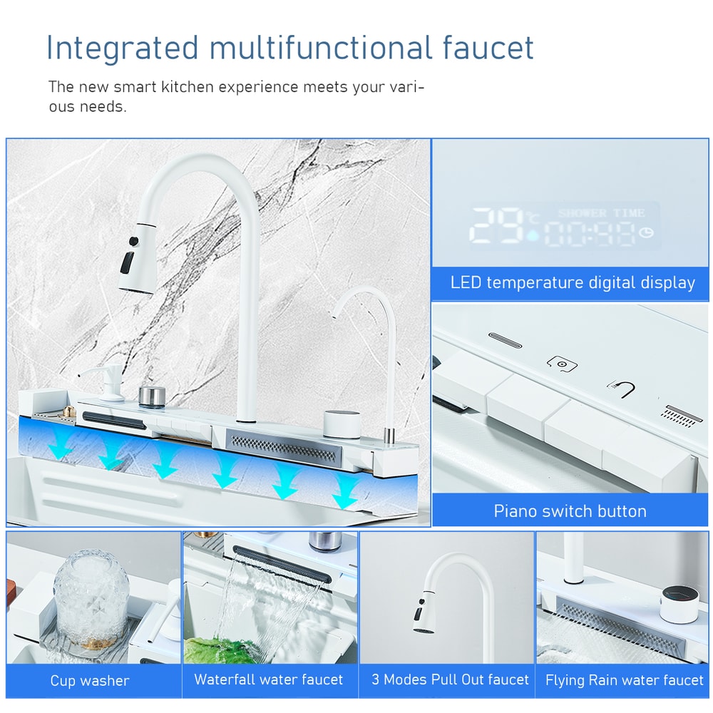 White Nano Stainless Steel Kitchen Sink Faucet Set With Double Waterfall And Digital Display 1