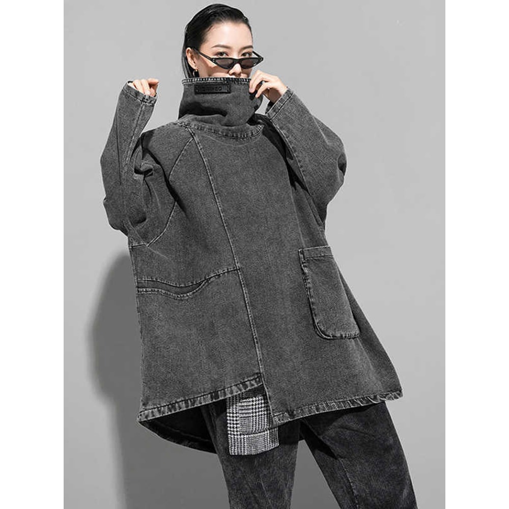 Loose Fit Black Denim High Collar Sweatshirt For Women Spring Autumn Fashion Plus Size 0