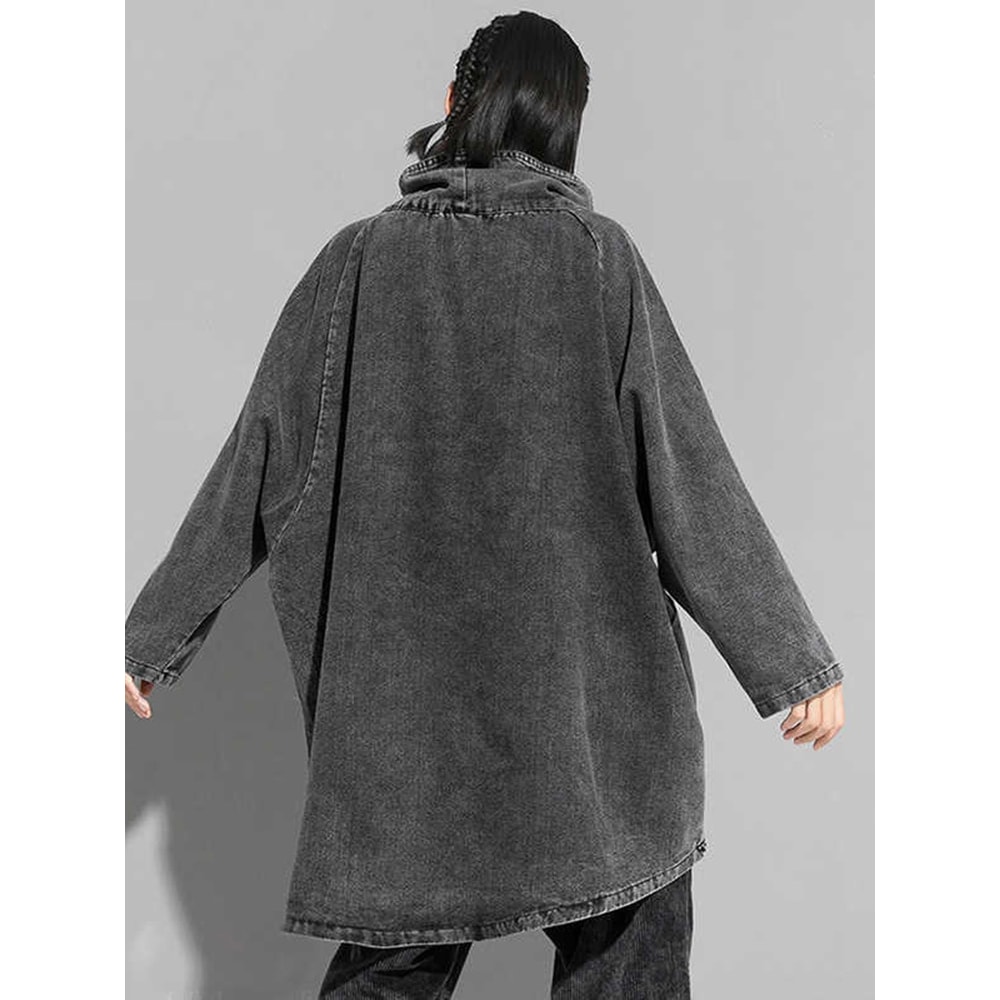 Loose Fit Black Denim High Collar Sweatshirt For Women Spring Autumn Fashion Plus Size 1