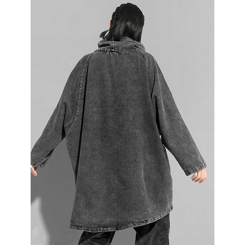 Loose Fit Black Denim High Collar Sweatshirt For Women Spring Autumn Fashion Plus Size 1