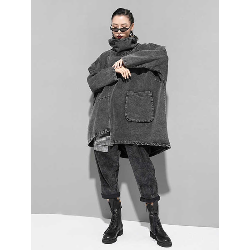 Loose Fit Black Denim High Collar Sweatshirt For Women Spring Autumn Fashion Plus Size 2