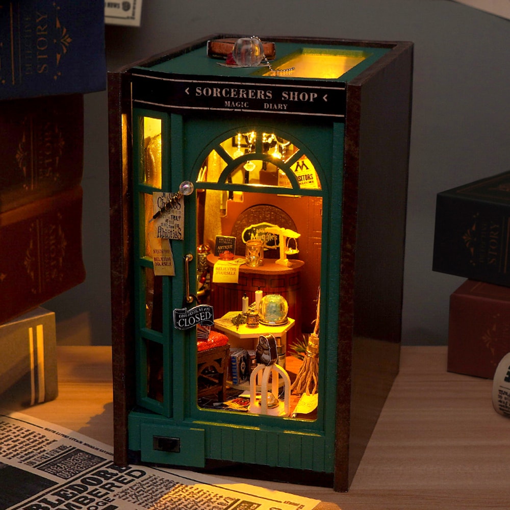 DIY Wooden Miniature Sorcerer's Shop Book Nook Kit, Magical Bookshelf Home Decor Gift
