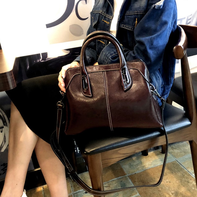 Genuine Leather Womens Handbag Top Handle Shoulder Crossbody Bag Fashion Oil Wax Cowhide Messenger 2