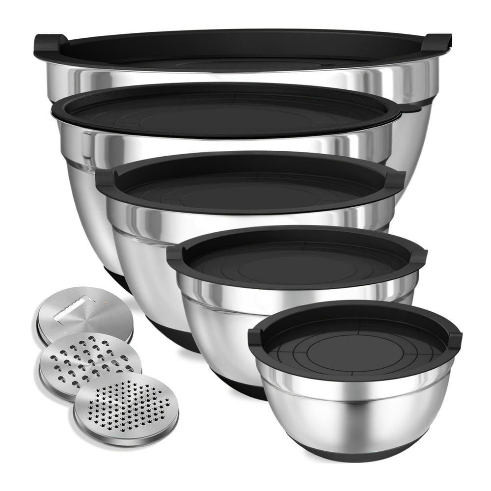 Stainless Steel Mixing Bowl Set With Airtight Lids And NonSlip Bottoms For Baking Serving 0