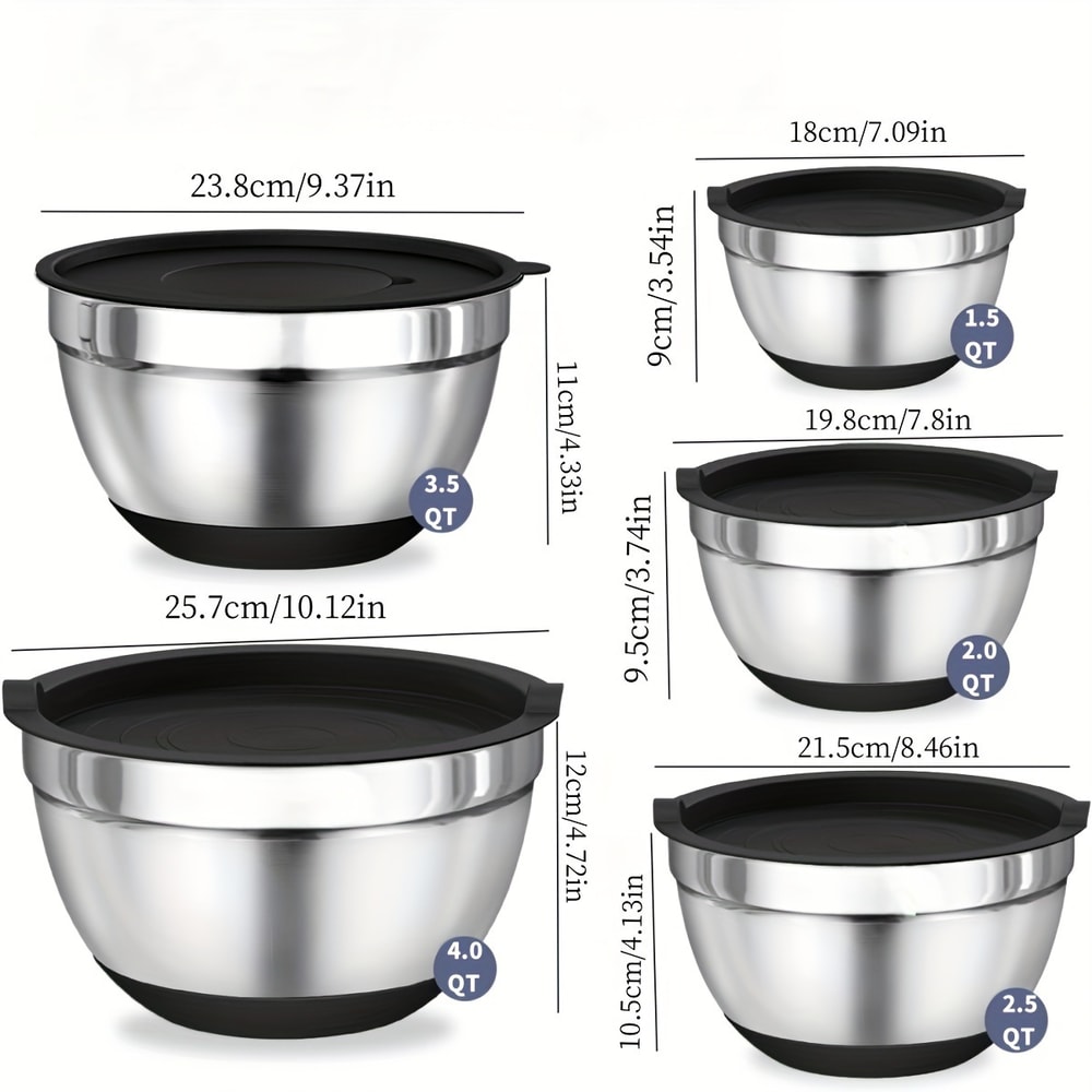 Stainless Steel Mixing Bowl Set With Airtight Lids And NonSlip Bottoms For Baking Serving 5