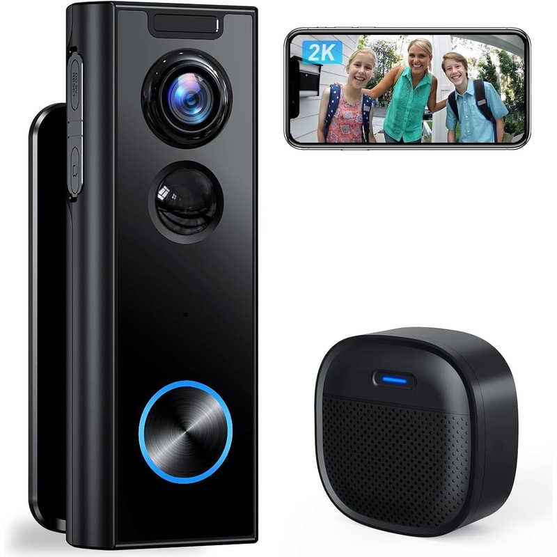 Wireless 2K Video Doorbell with Chime, 2-Way Audio, Human Detection, Night Vision, Works with Alexa & Google Assistant