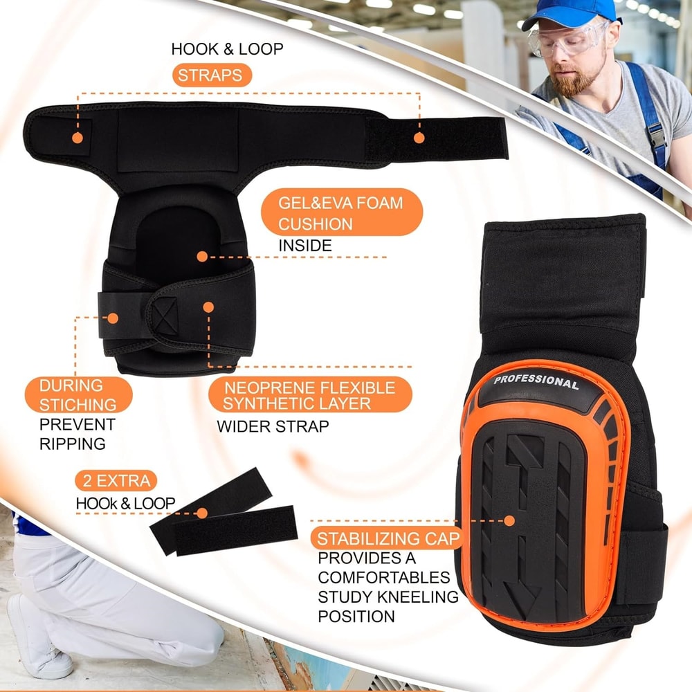 Heavy Duty Work Knee Pads with Gel Cushion and Anti Slip Straps for Construction Flooring Gardening