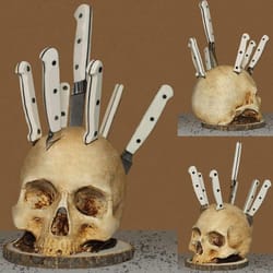 skull knife holder for kitchen, unique skeleton stand for knives, horror-themed storage rack & fruit holder