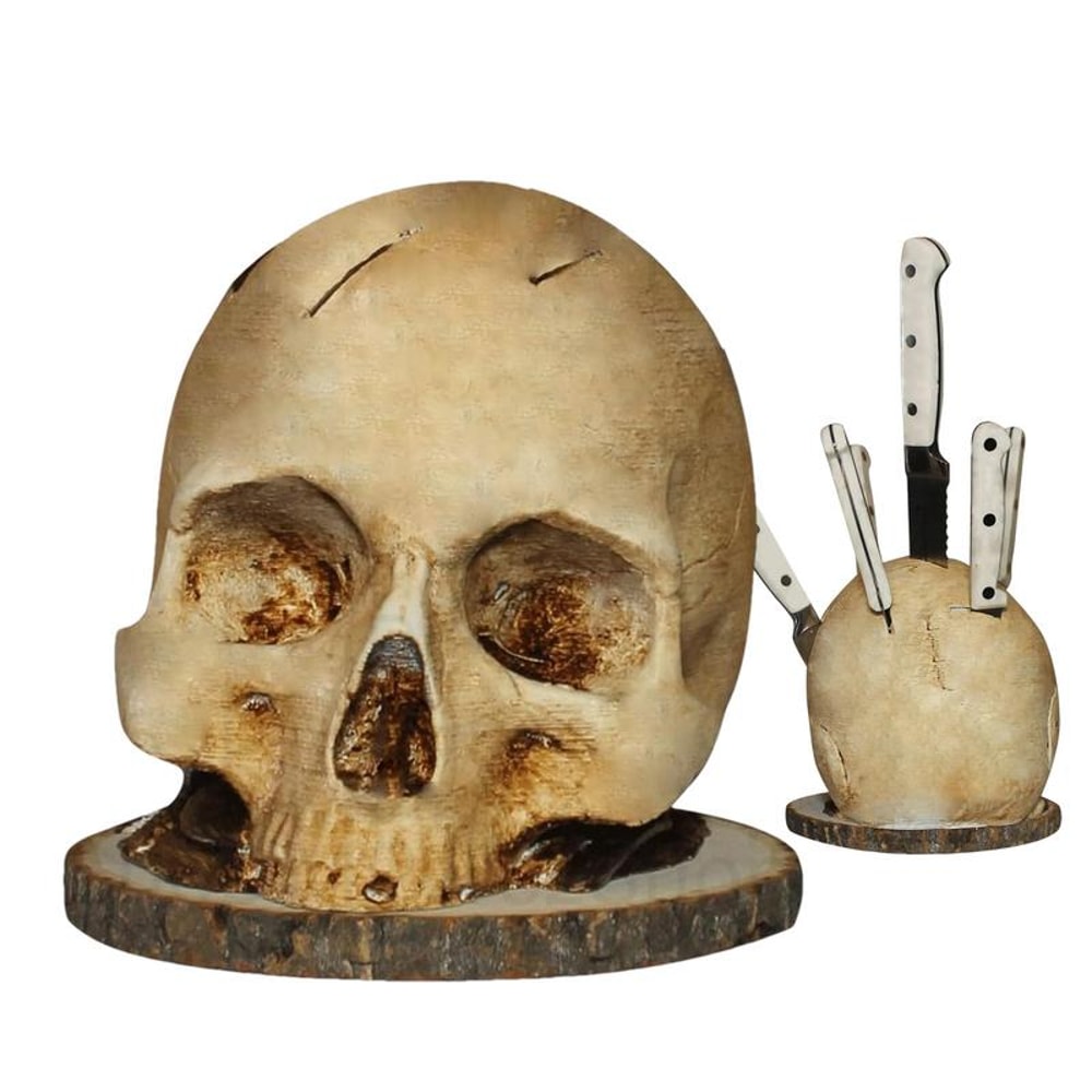 Skull Knife Holder for Kitchen, Unique Skeleton Stand for Knives, Horror-Themed Storage Rack & Fruit Holder