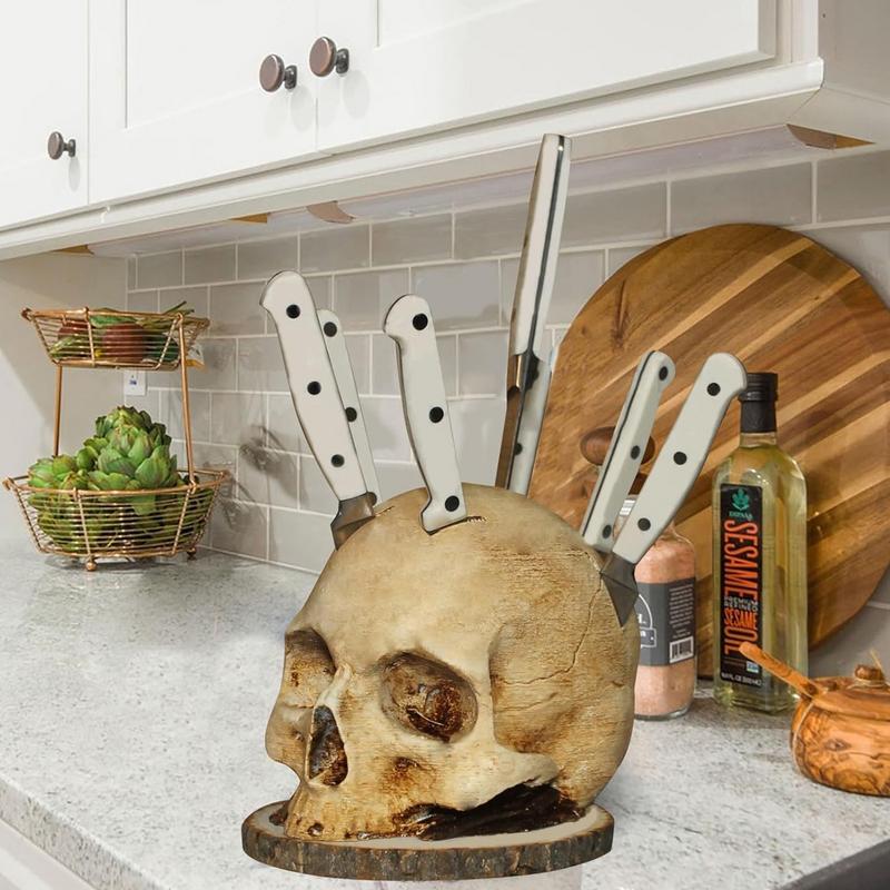 Skull Knife Holder for Kitchen, Unique Skeleton Stand for Knives, Horror-Themed Storage Rack & Fruit Holder