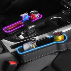car crevice storage box with usb charger & led light, seat gap organizer for phone, cards, bottles, and cups