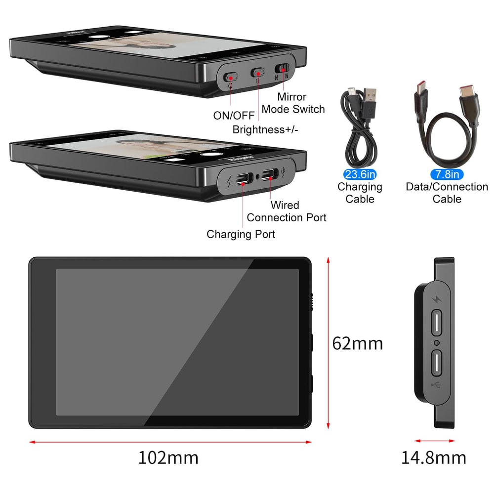 Wired Mini Monitor for iPhone Rear Camera, Selfie Screen for Vlogging and Live Streaming