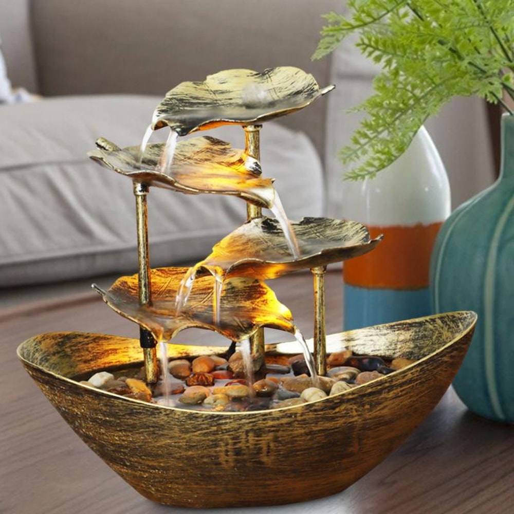 Tabletop Water Fountain 4Tier Lotus Leaf Small Waterfall USB Desk Fountain With Automatic Pump Pow 1