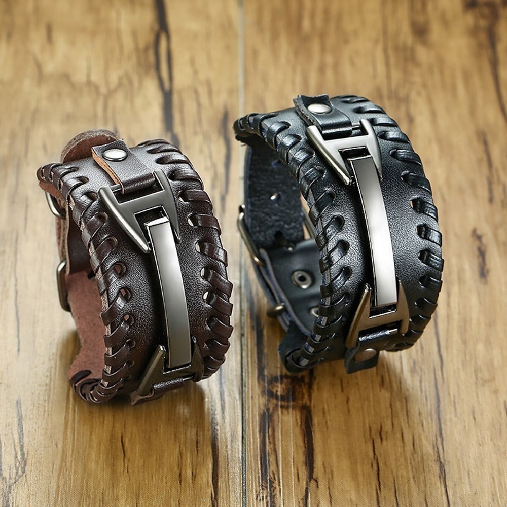 Stylish Genuine Leather Wristband For Men With Metal Charm Trendy Bangle Bracelet 1
