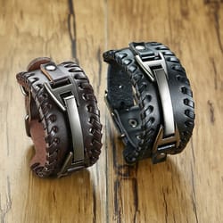 stylish genuine leather wristband for men with metal charm, trendy bangle bracelet