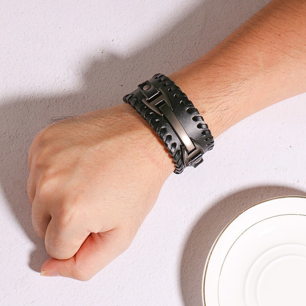 Stylish Genuine Leather Wristband For Men With Metal Charm Trendy Bangle Bracelet 3
