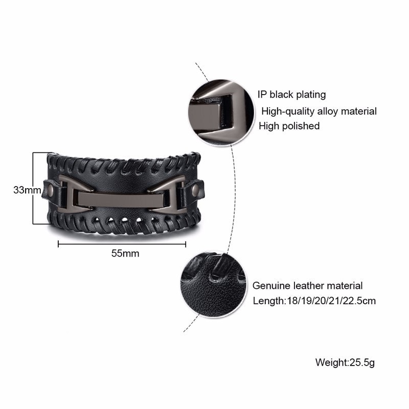 Stylish Genuine Leather Wristband For Men With Metal Charm Trendy Bangle Bracelet 5