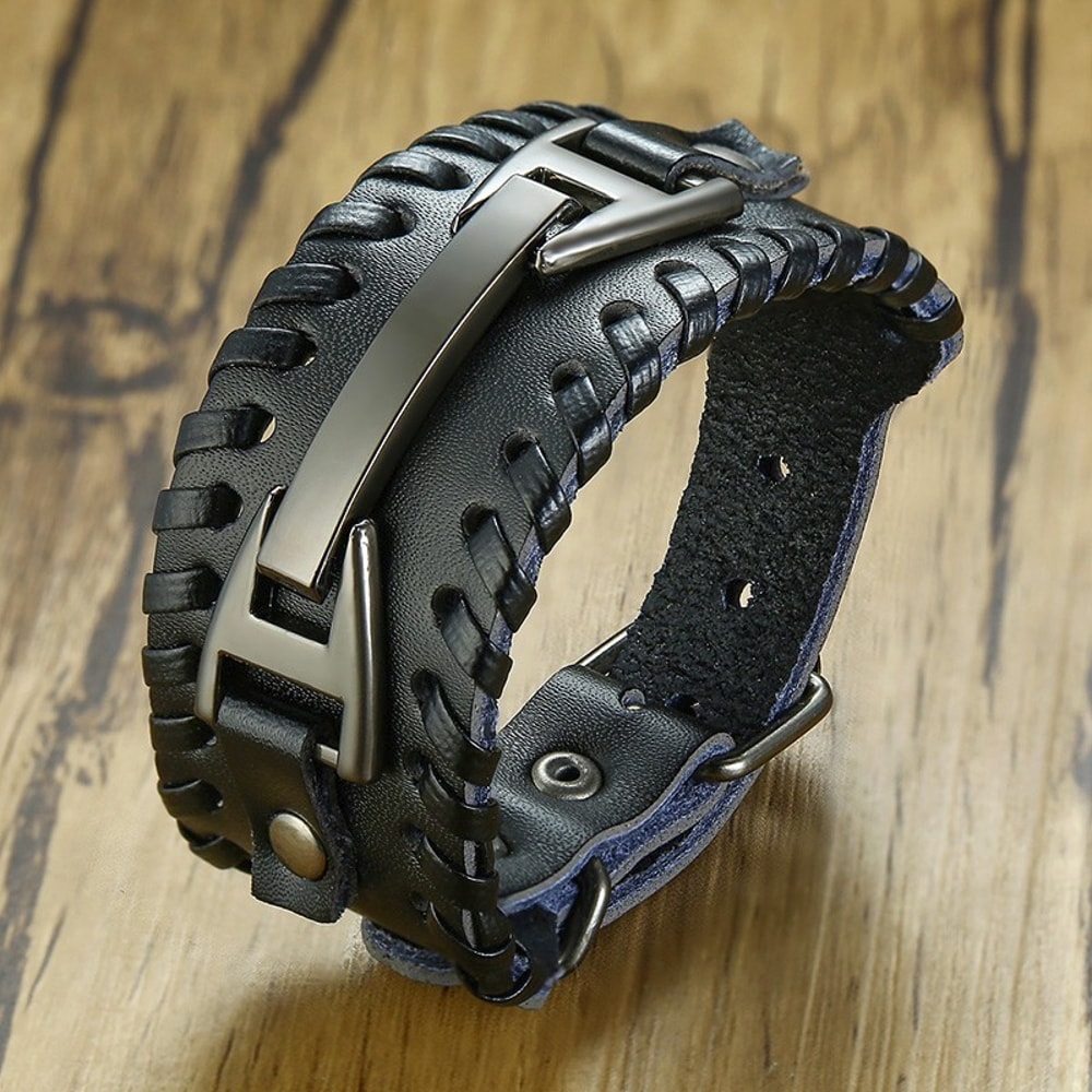 Stylish Genuine Leather Wristband For Men With Metal Charm Trendy Bangle Bracelet 6