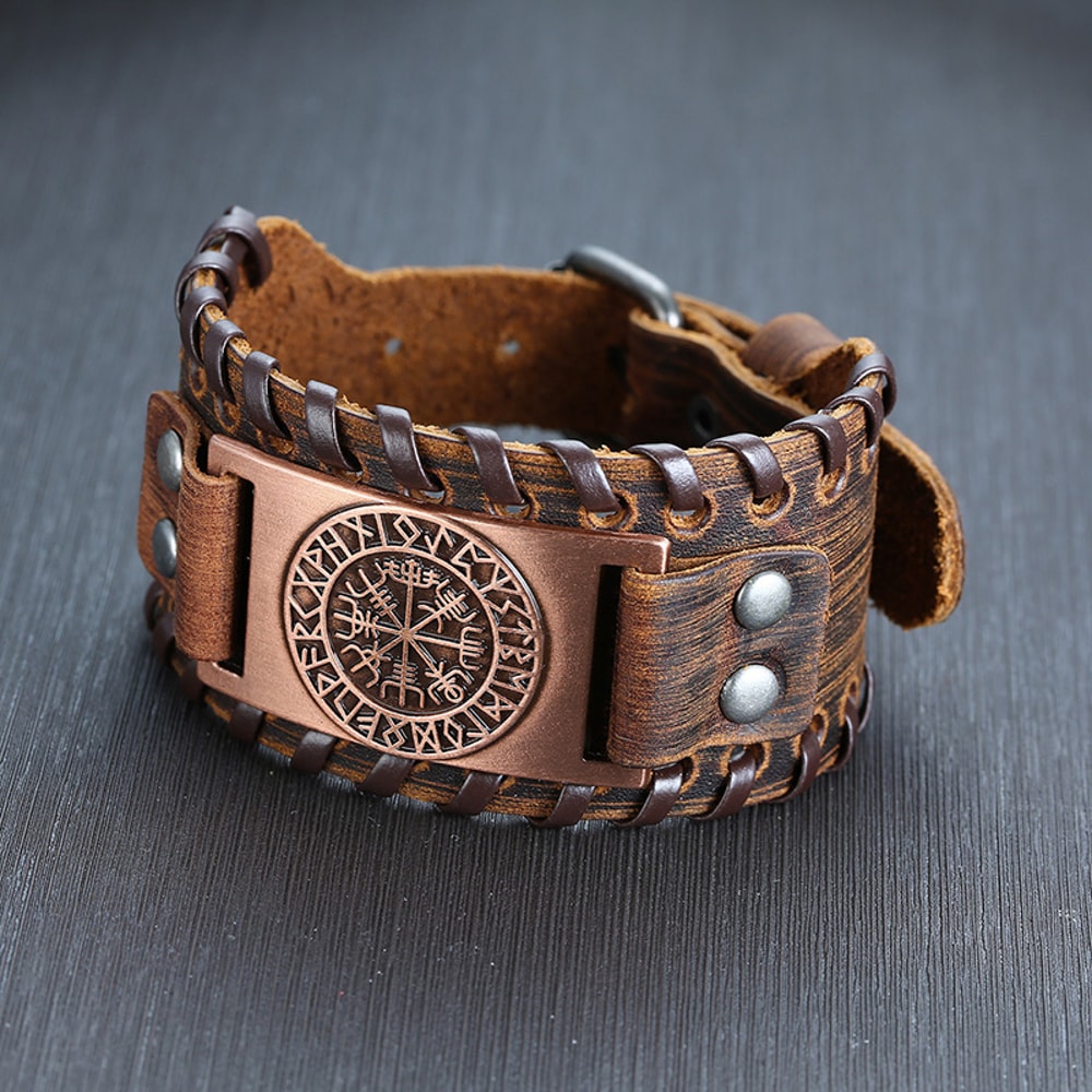 Stylish Genuine Leather Wristband For Men With Metal Charm Trendy Bangle Bracelet 8