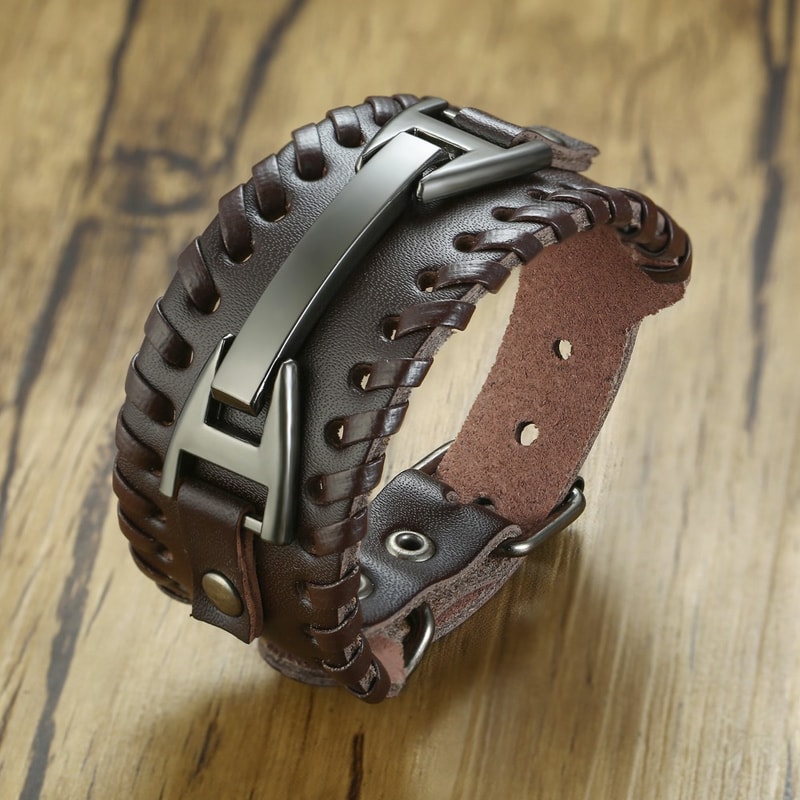 Stylish Genuine Leather Wristband For Men With Metal Charm Trendy Bangle Bracelet 7
