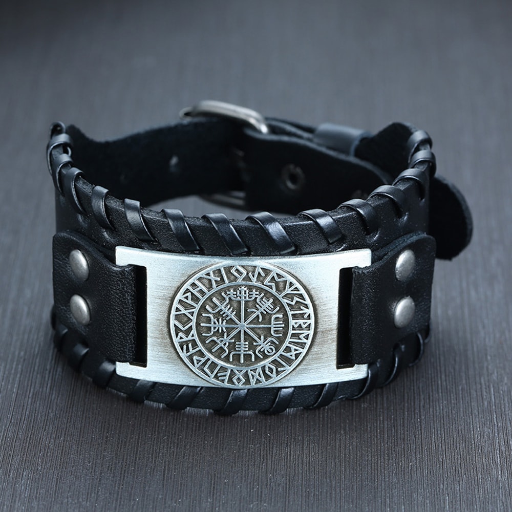 Stylish Genuine Leather Wristband For Men With Metal Charm Trendy Bangle Bracelet 9
