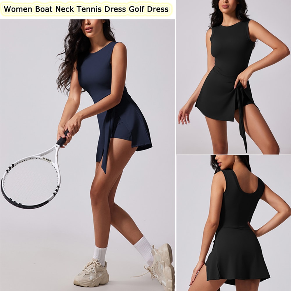 Active Womens Tennis Dress With BuiltIn Shorts Sleeveless Boat Neck Athletic Workout Skort Dress 5