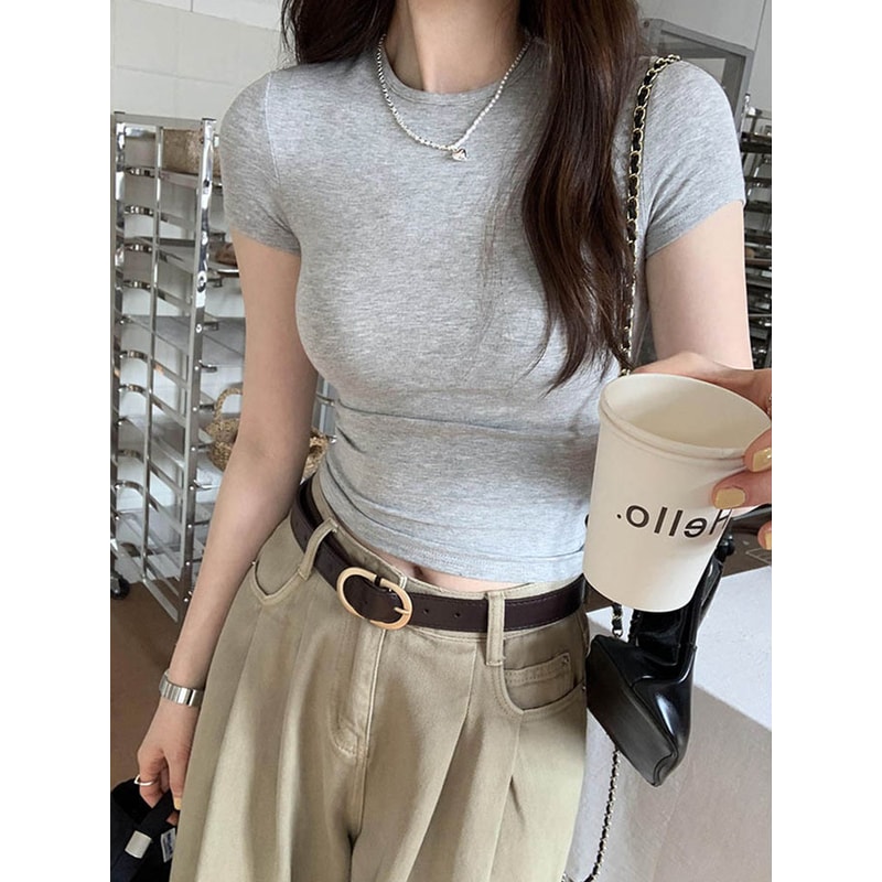 Basic Solid Crop Top Tshirt For Women Vintage Crewneck Casual Tee Streetwear For Summer 0
