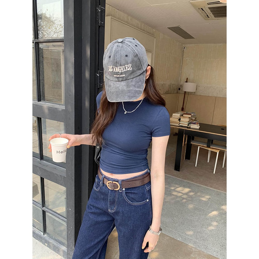 Basic Solid Crop Top Tshirt For Women Vintage Crewneck Casual Tee Streetwear For Summer 2