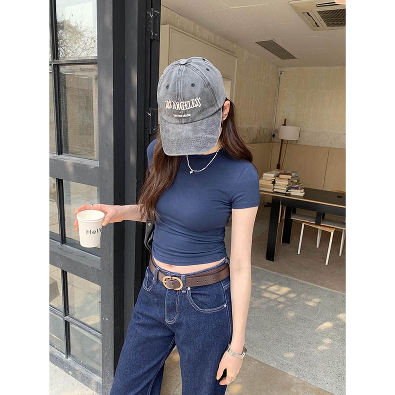 Basic Solid Crop Top Tshirt For Women Vintage Crewneck Casual Tee Streetwear For Summer 2