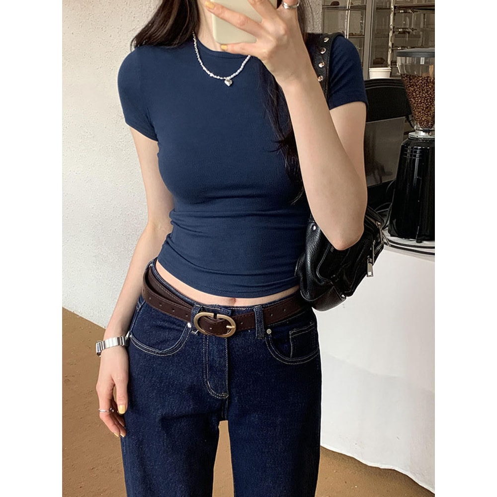 Basic Solid Crop Top Tshirt For Women Vintage Crewneck Casual Tee Streetwear For Summer 7