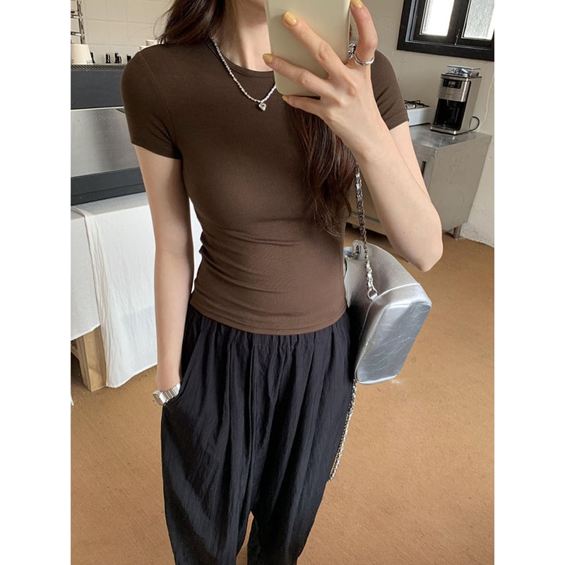Basic Solid Crop Top Tshirt For Women Vintage Crewneck Casual Tee Streetwear For Summer 6