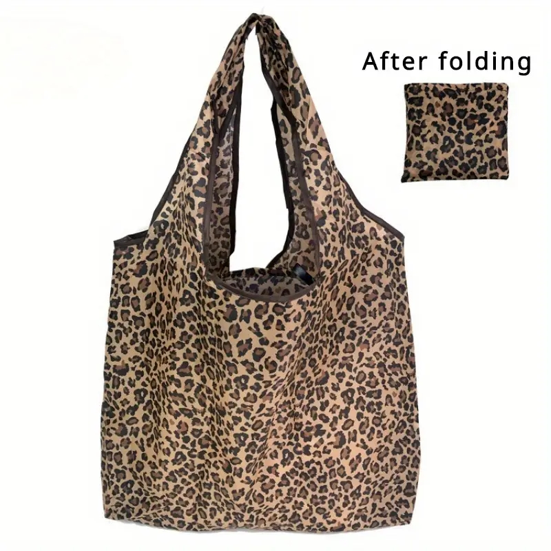 Large Capacity Leopard Print Handbag Stylish Folding Womens Shopping Bag For Daily Use 2