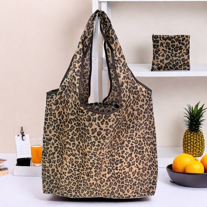Large Capacity Leopard Print Handbag Stylish Folding Womens Shopping Bag For Daily Use 5