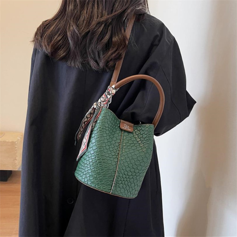 Stylish Women Woven Bucket Tote Bag Adjustable Shoulder Strap Crossbody Handbag Solid Color Versati 1