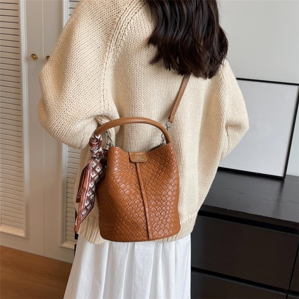 Stylish Women Woven Bucket Tote Bag Adjustable Shoulder Strap Crossbody Handbag Solid Color Versati 2